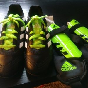 Kids soccer cleats and shin guards